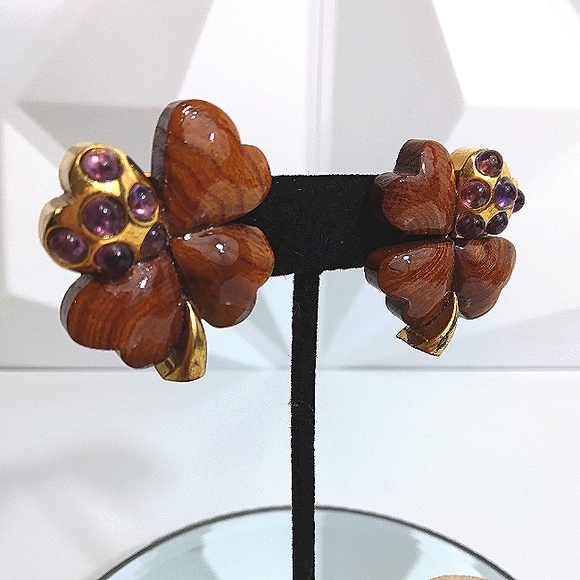 L’OREE du BOIS Jewelry - Exceptional L’OREE du BOIS France 18k Wood Amethyst 4 Leaf Clover Earrin…